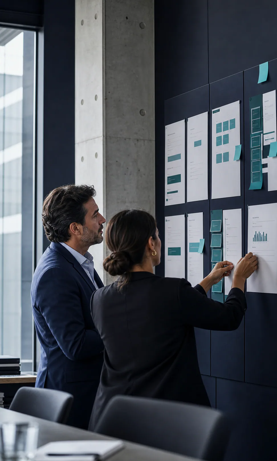 Consultores organizando um plano estratégico visual